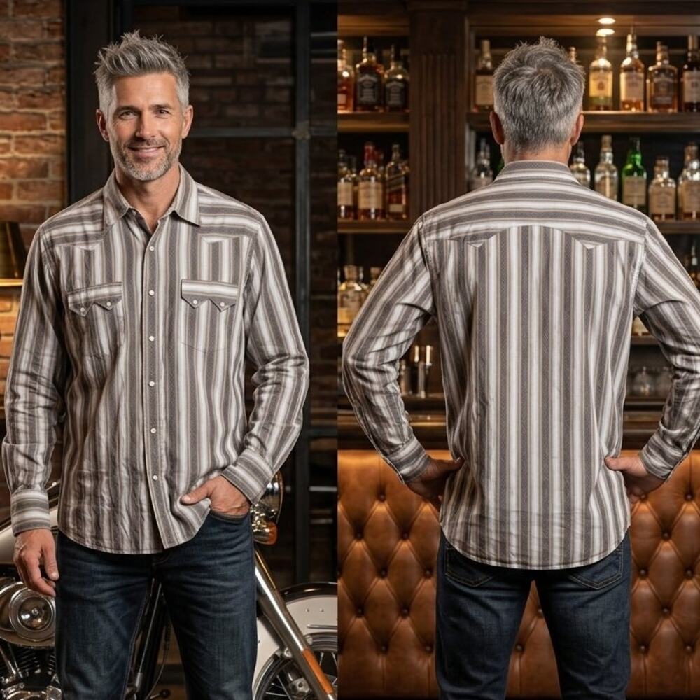 Lucky Brand Dungarees Brown Western Pearl Snap Shirt Mens XL 48 Striped